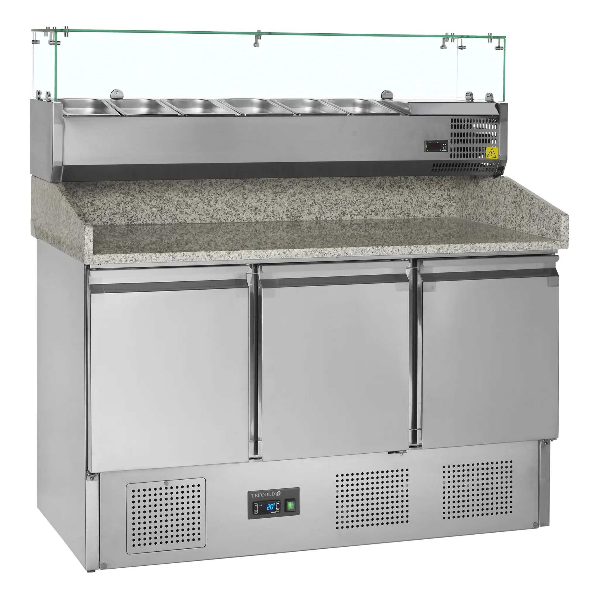 Table à pizza avec vitrine à ingrédients GN 1/4 3 portes pleines 400 L