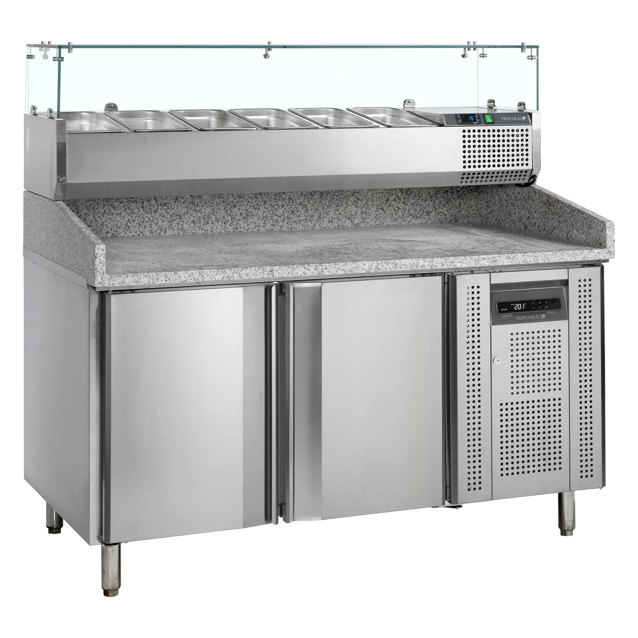 Table à pizza avec vitrine à ingrédients GN 1/3 2 portes  390 L