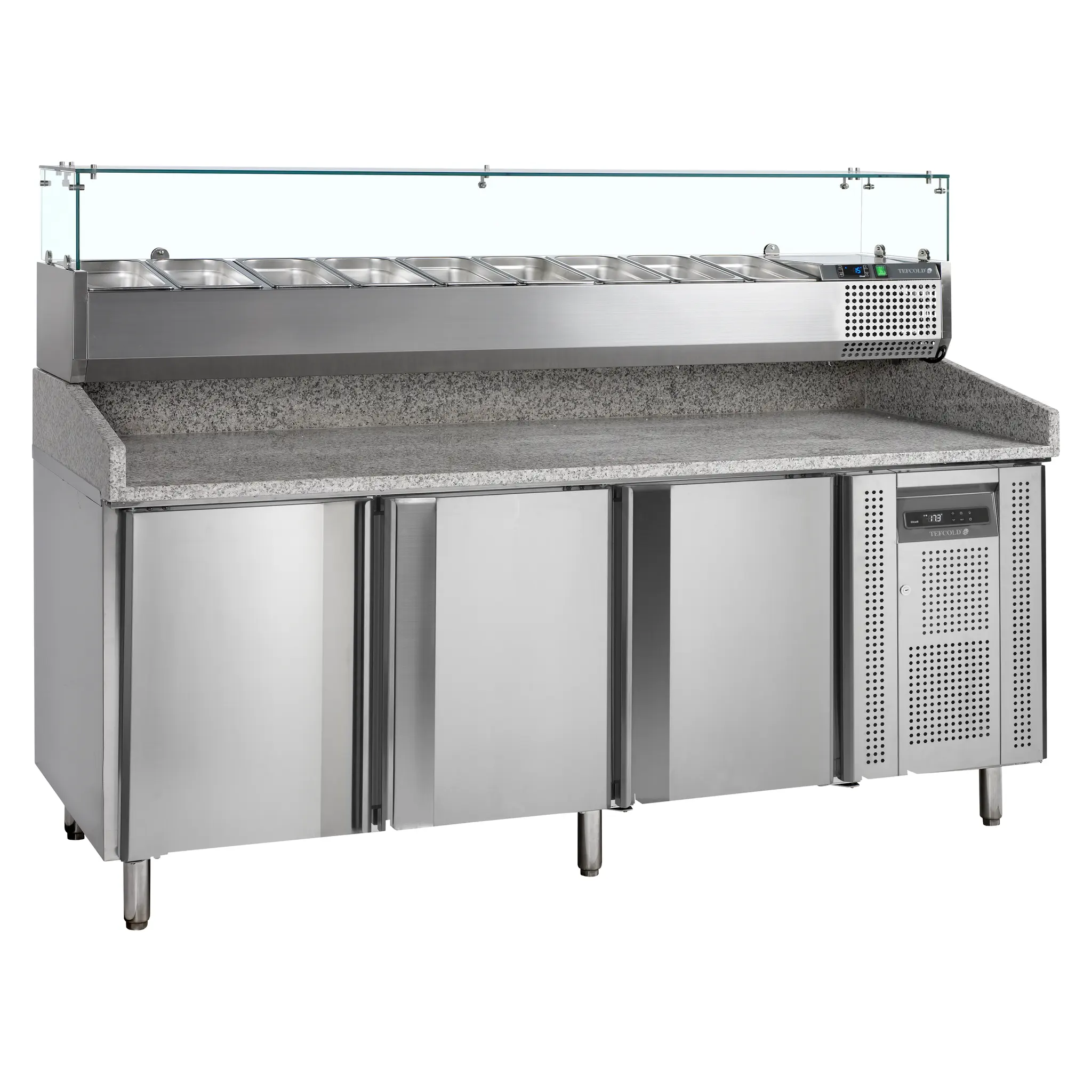 Table à pizza avec vitrine à ingrédients GN 1/3 3 portes  580 L