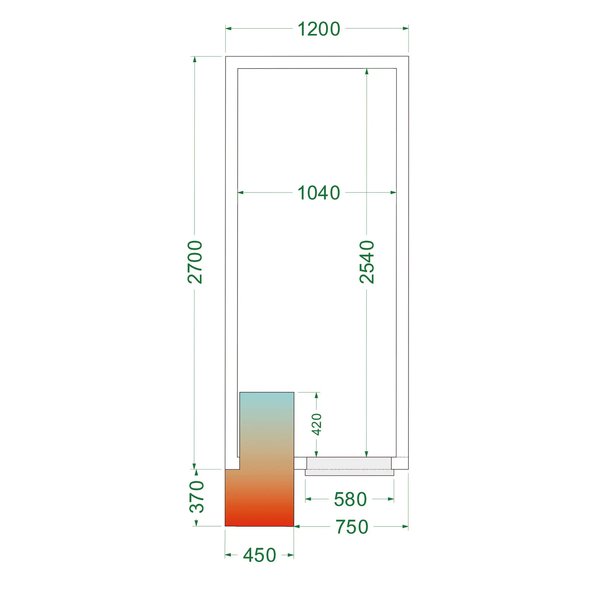 Chambre froide positive avec groupe 1200 x 2700 x 2200 mm