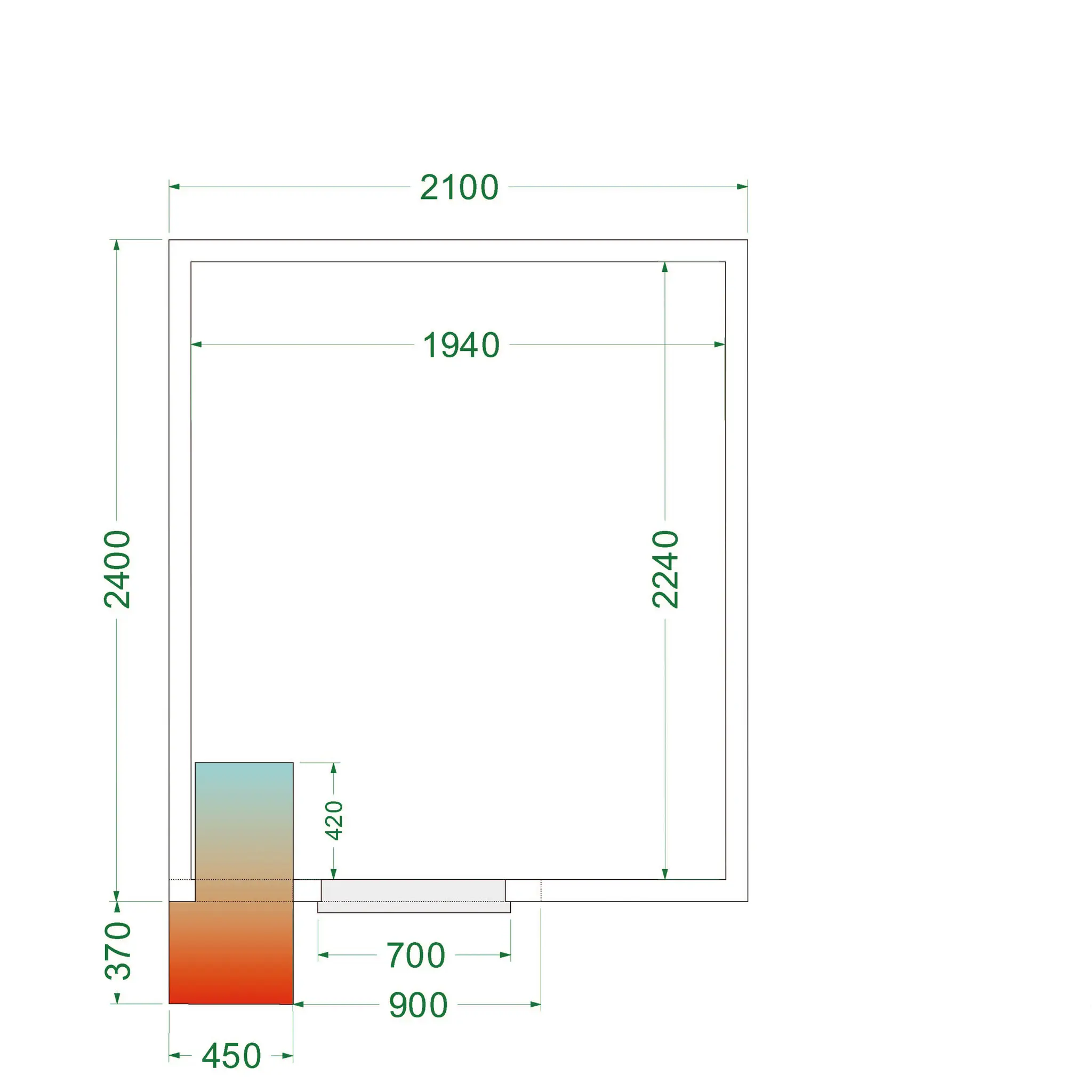 Chambre froide positive avec groupe 2100 x 2400 x 2200 mm