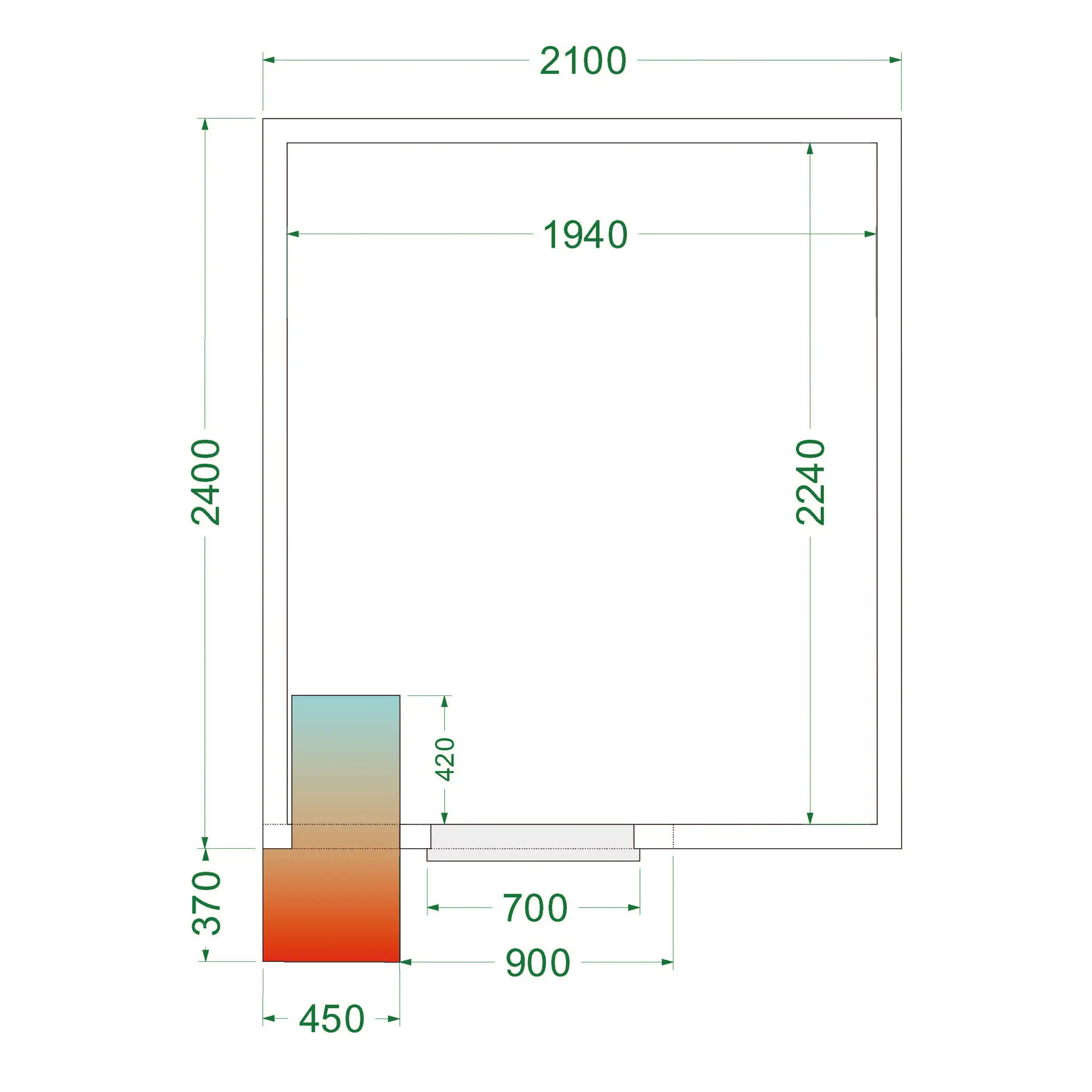 Chambre froide positive avec groupe 2100 x 2400 x 2200 mm