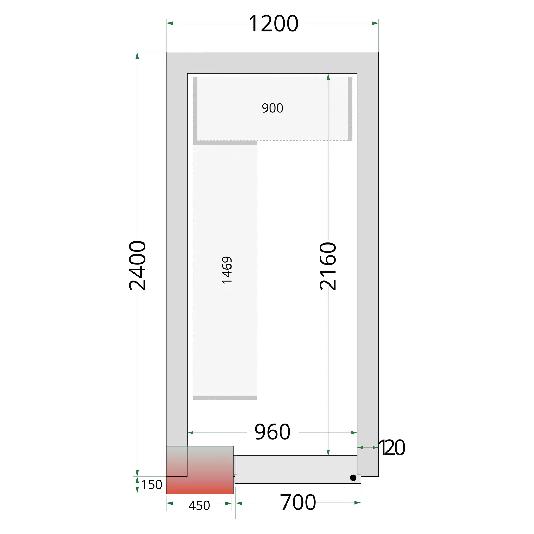 Chambre froide négative avec groupe 1200 x 2400 x 2200 mm