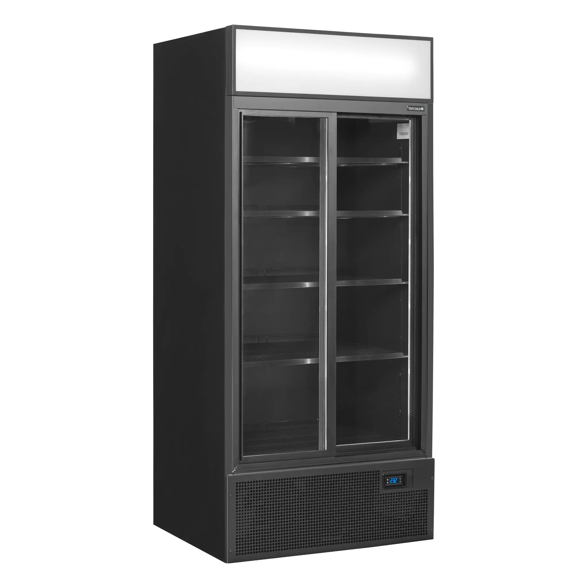 Vitrine réfrigérée noire 2 portes coulissantes avec caisson lumineux 707 L