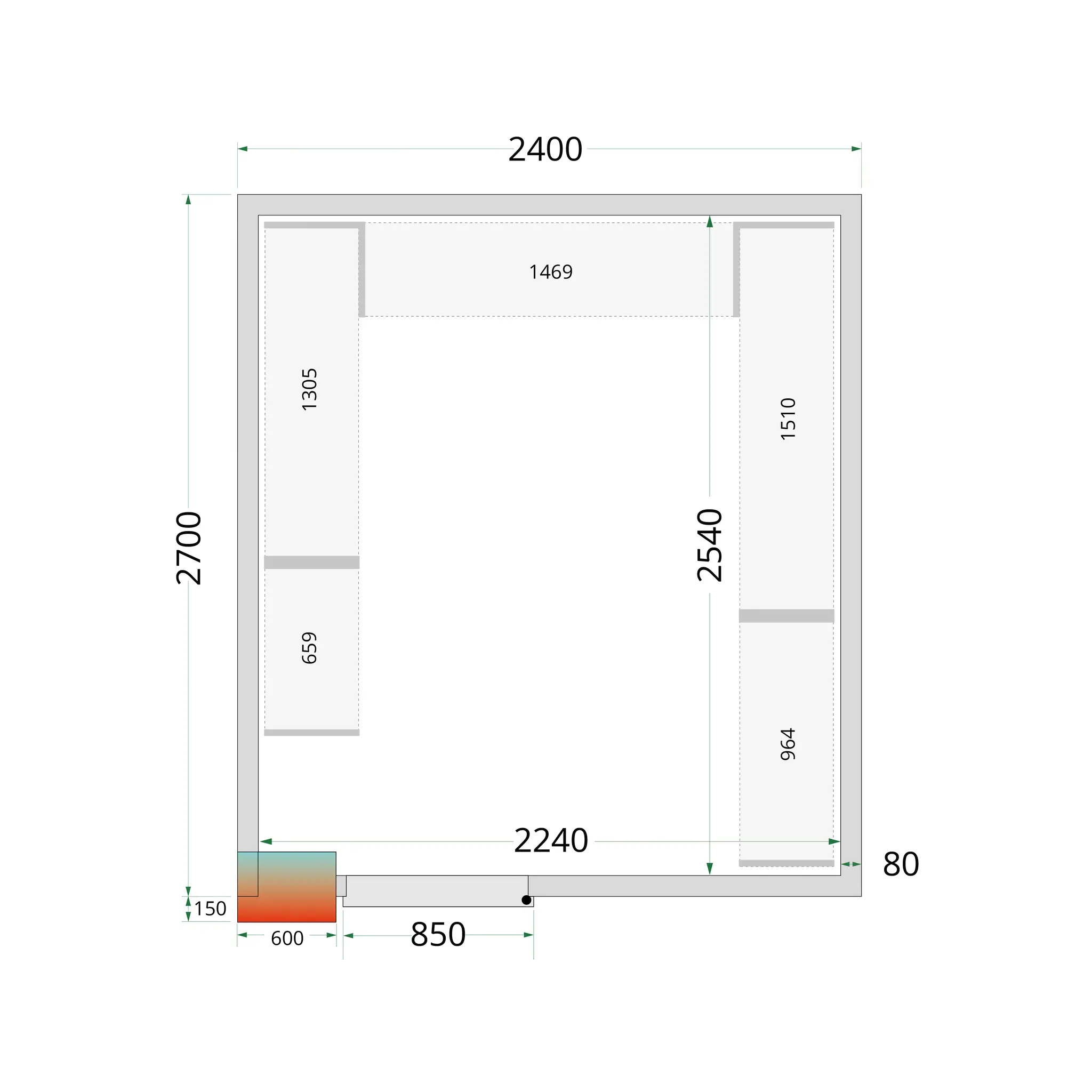 Chambre froide positive avec groupe 2400 x 2700 x 2200 mm