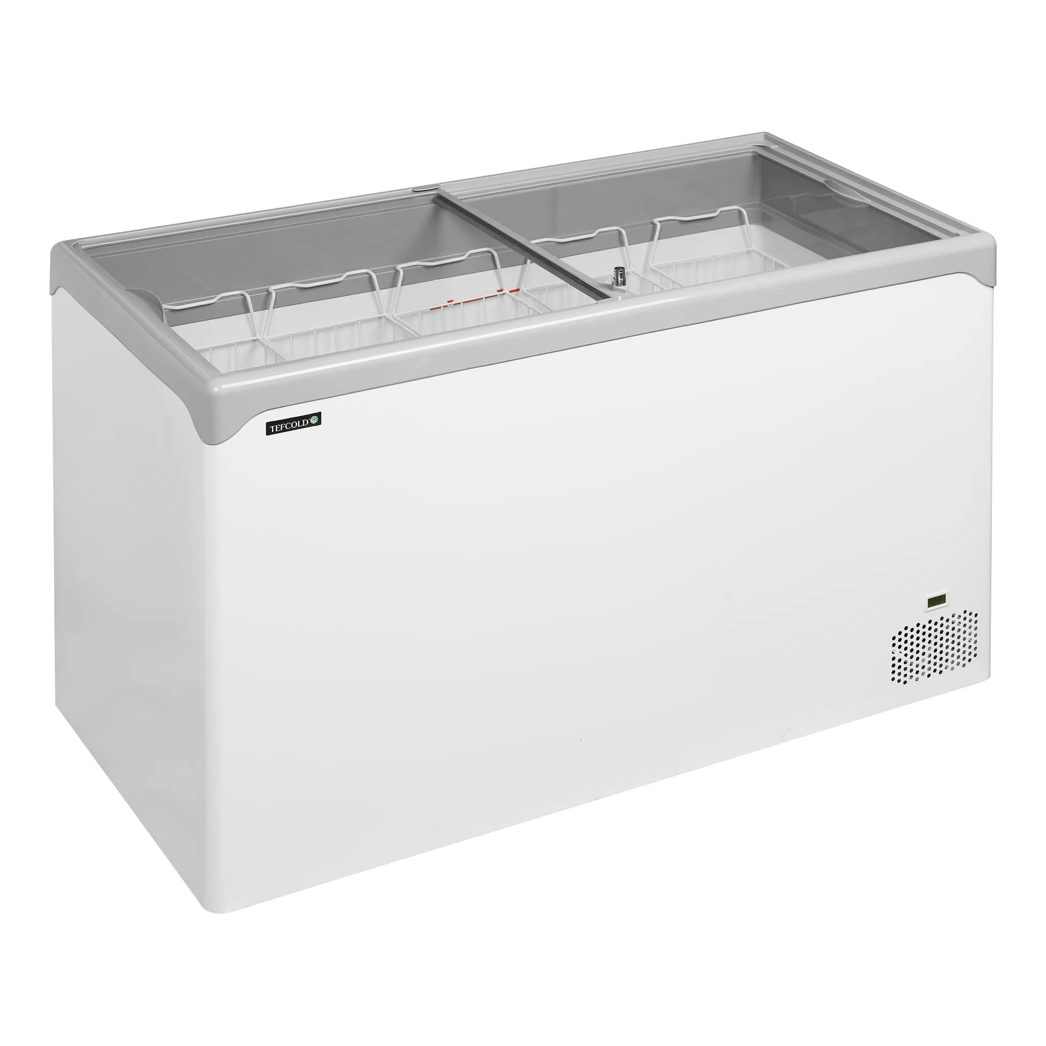 Congélateur coffre élégant avec couvercles coulissants vitrés plats 390 L