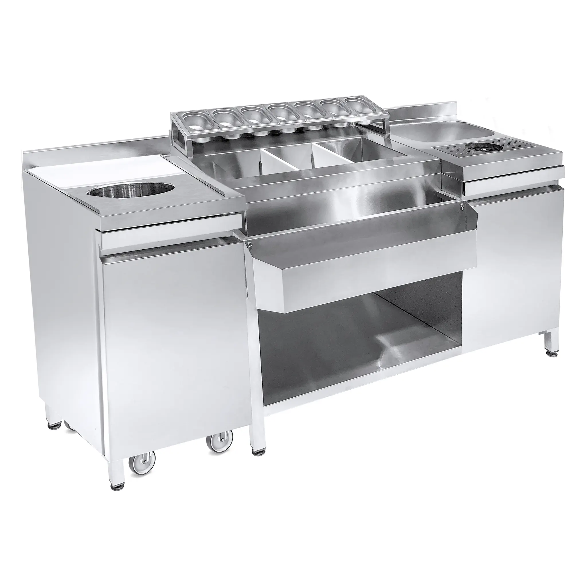 Cocktails bar station avec évier, lave-verres, bacs GN, speedrail porte-bouteilles, planche à découper et poubelle