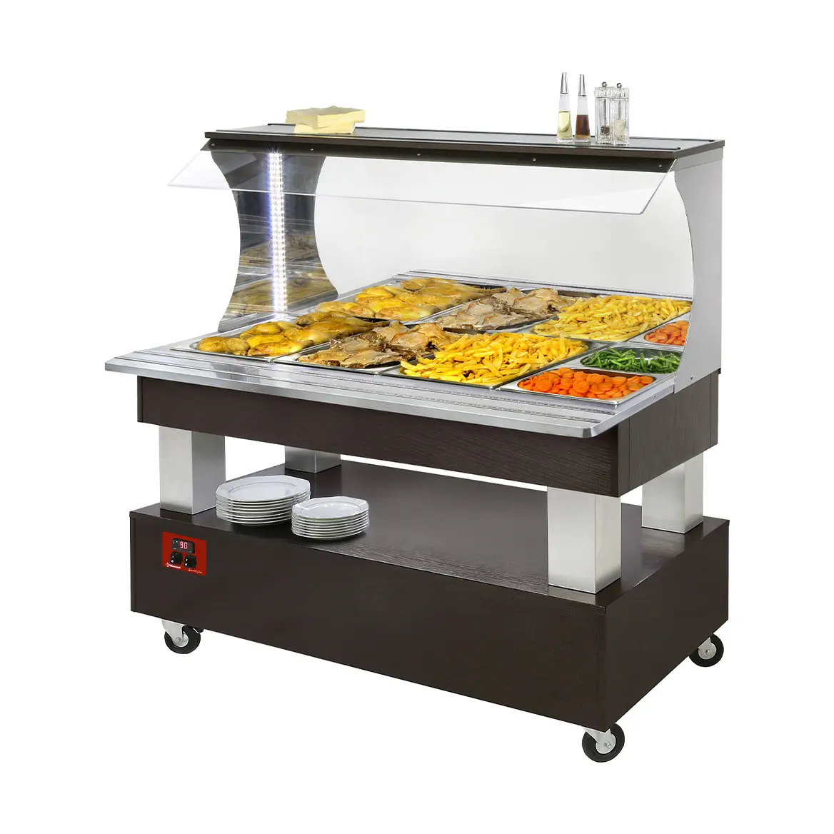 Buffet chauffant mural, bain marie, 4x GN1/1-150 (Bois Wengé)