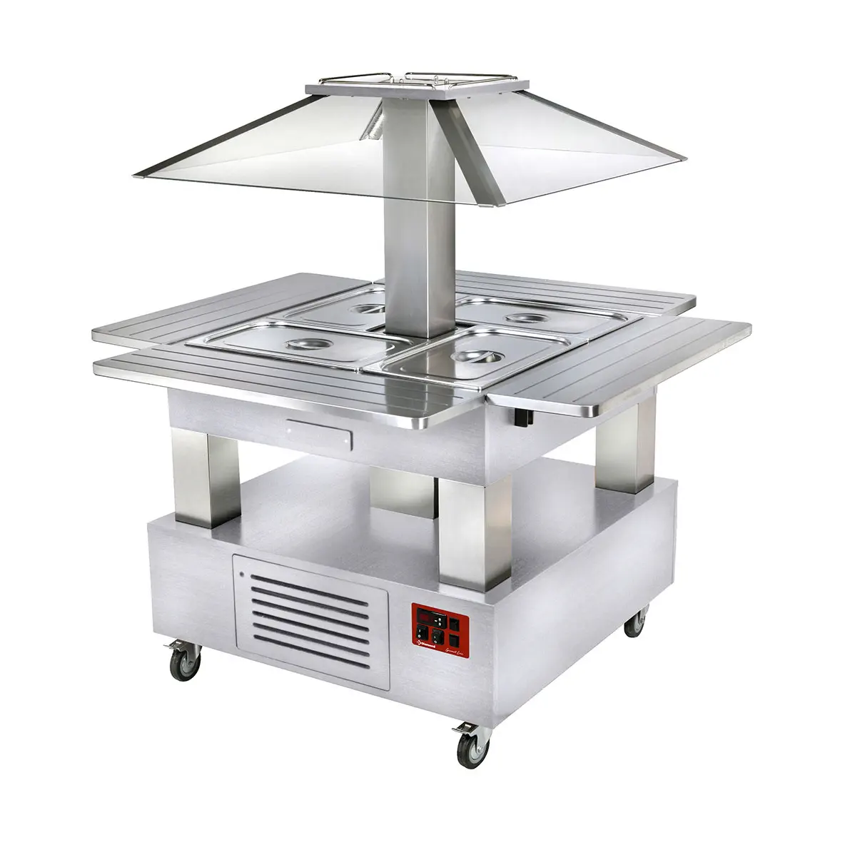 Ilot buffet chauffant, bain marie, coupole motorisé, 4x GN1/1-150 (Bois Blanc)