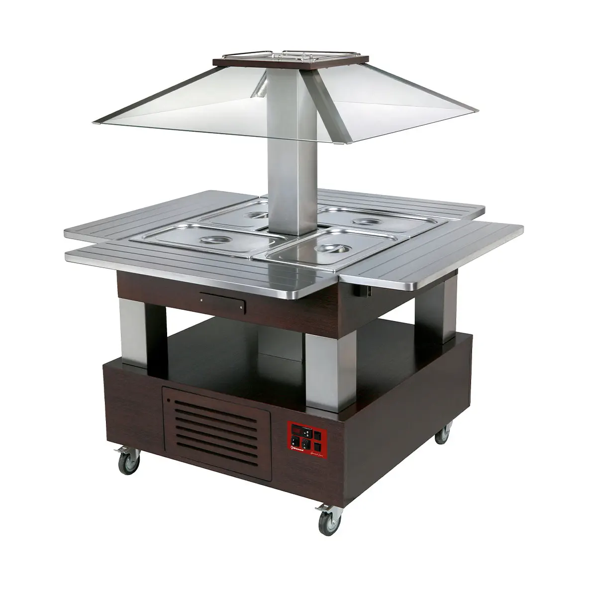 Ilot buffet chauffant, bain marie, coupole motorisé, 4x GN1/1-150 (Bois Wengé)