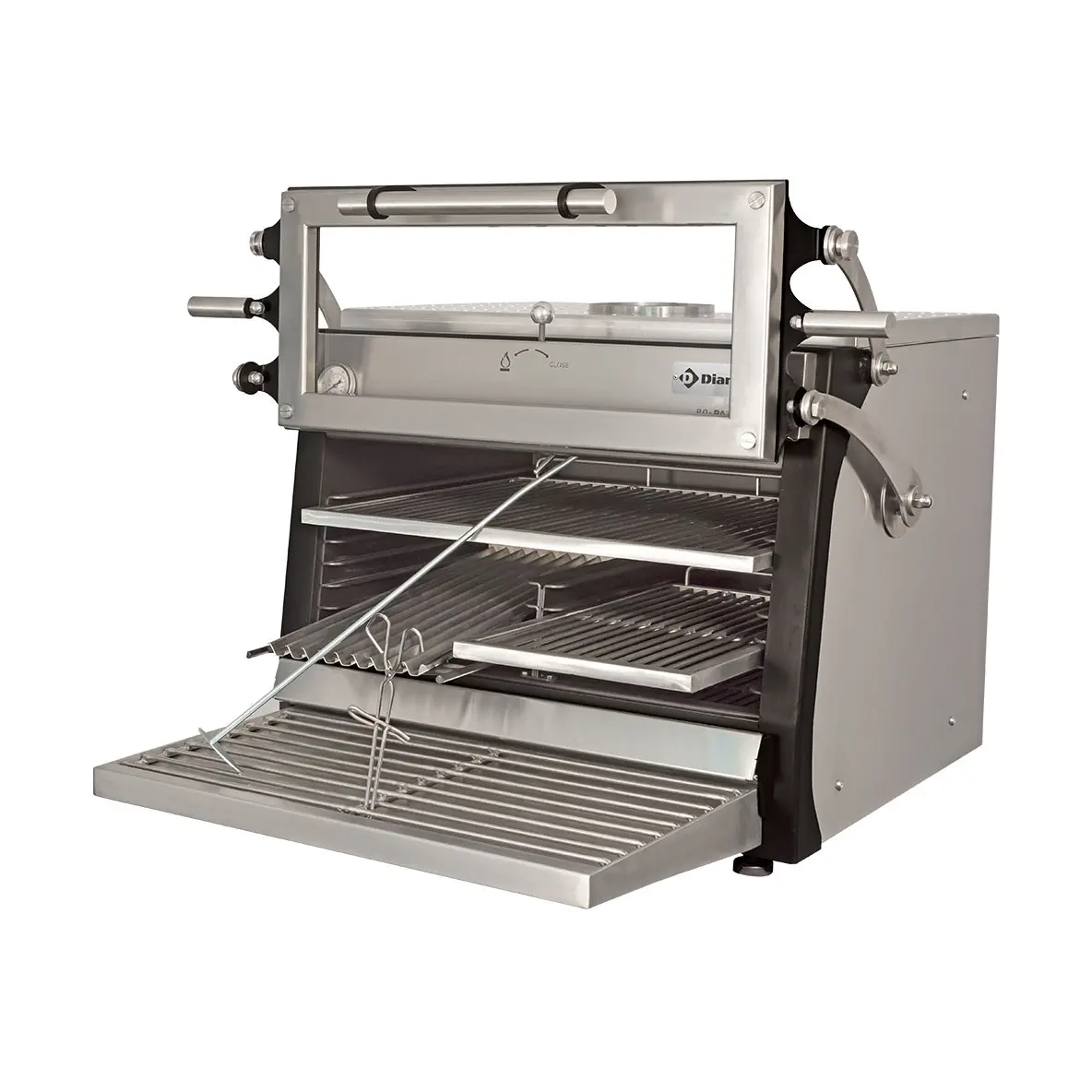 Four-BBQ  à charbon, GN 1/1+ GN2/4 (75 Kg/h) - Porte relevable/Inox