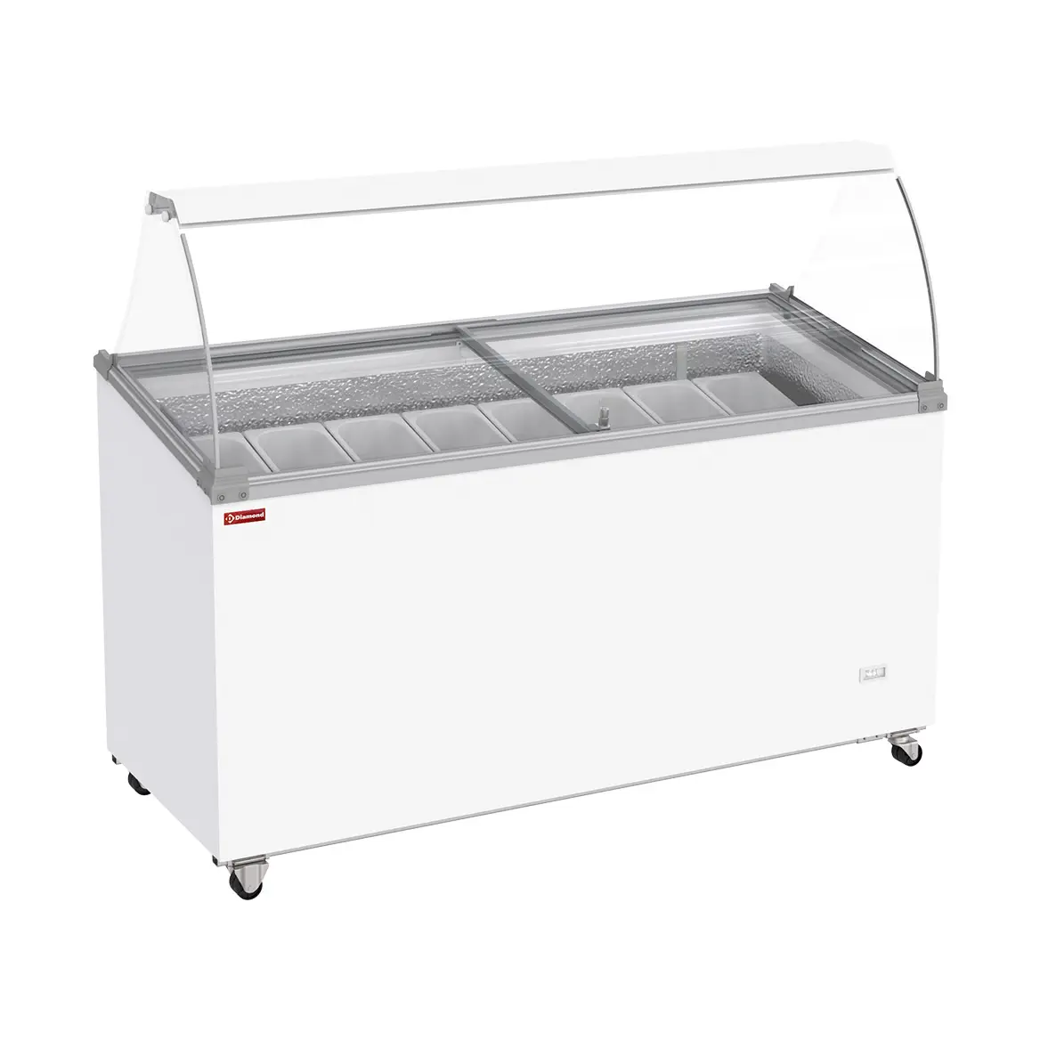 Conservateur comptoir à glaces, 467 litres, couvercles coulissants sur roulettes avec vitres bombées , capacité 8 bacs  - 1555 x 635 mm