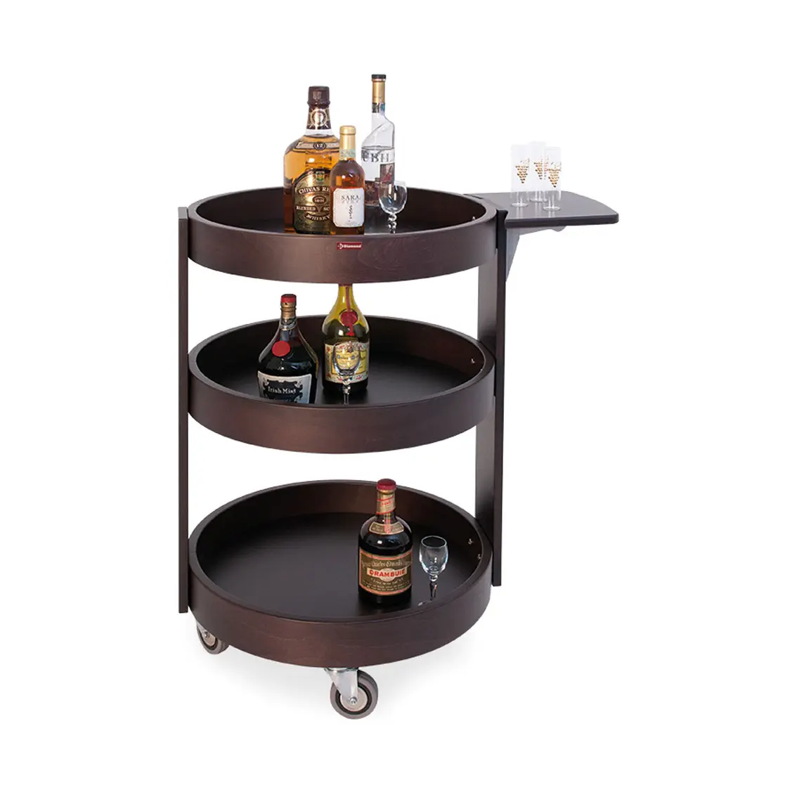 Chariot rond pour bouteilles, 3 niveaux bois "wengé"