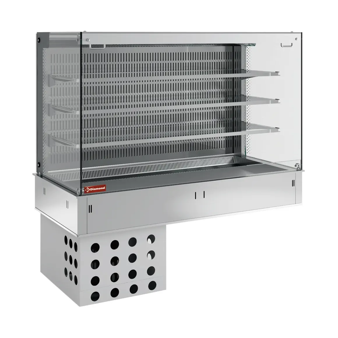 Mural avec cuve et vitrine "carrée" sur 3 niveaux ouverte (avec rideau), réfrigérées, ventilées, 5x GN 1/1