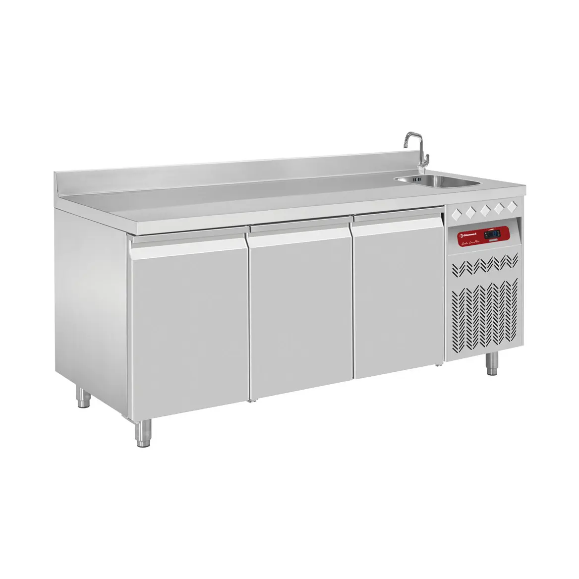 Table frigorifique "murale" ventilée, 3 portes GN 1/1, 405 Lit. avec évier