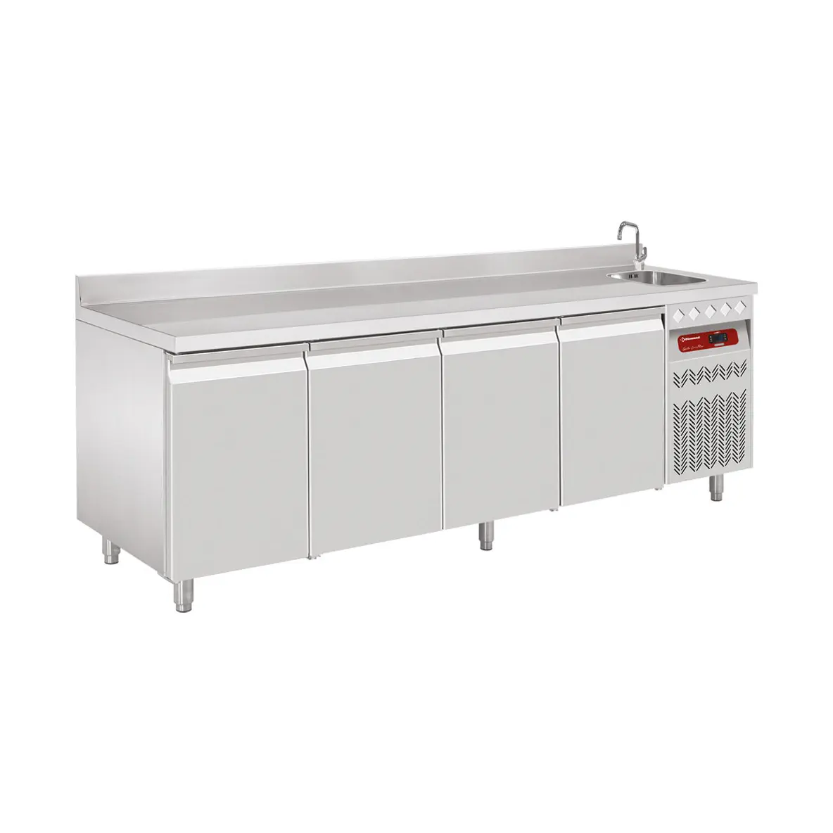 Table frigorifique "murale" ventilée, 4 portes GN 1/1, 550 Lit. avec évier