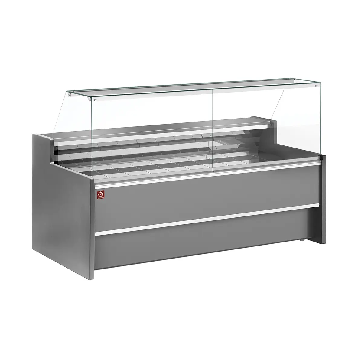 Comptoir vitrine réfrigéré à vitre droite 90°, ventilé, avec réserve - GRIS - 2500 x 980 mm