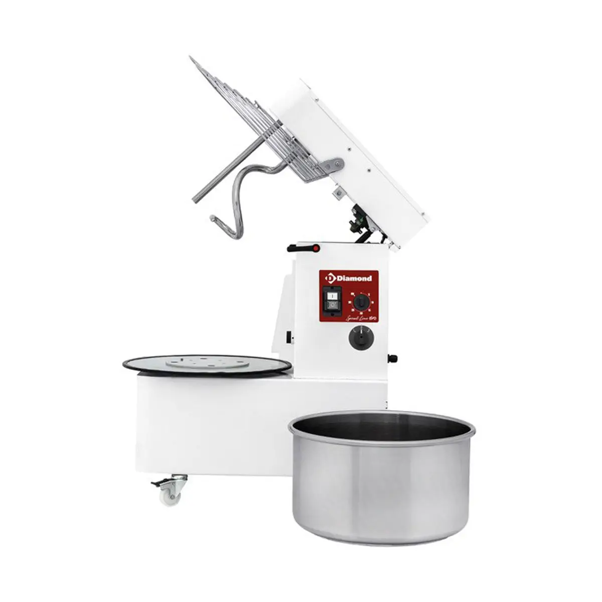 Pétrin à spirale 53 Litres tête relevable, cuve amovible, 2 vitesses, timer, sur roues