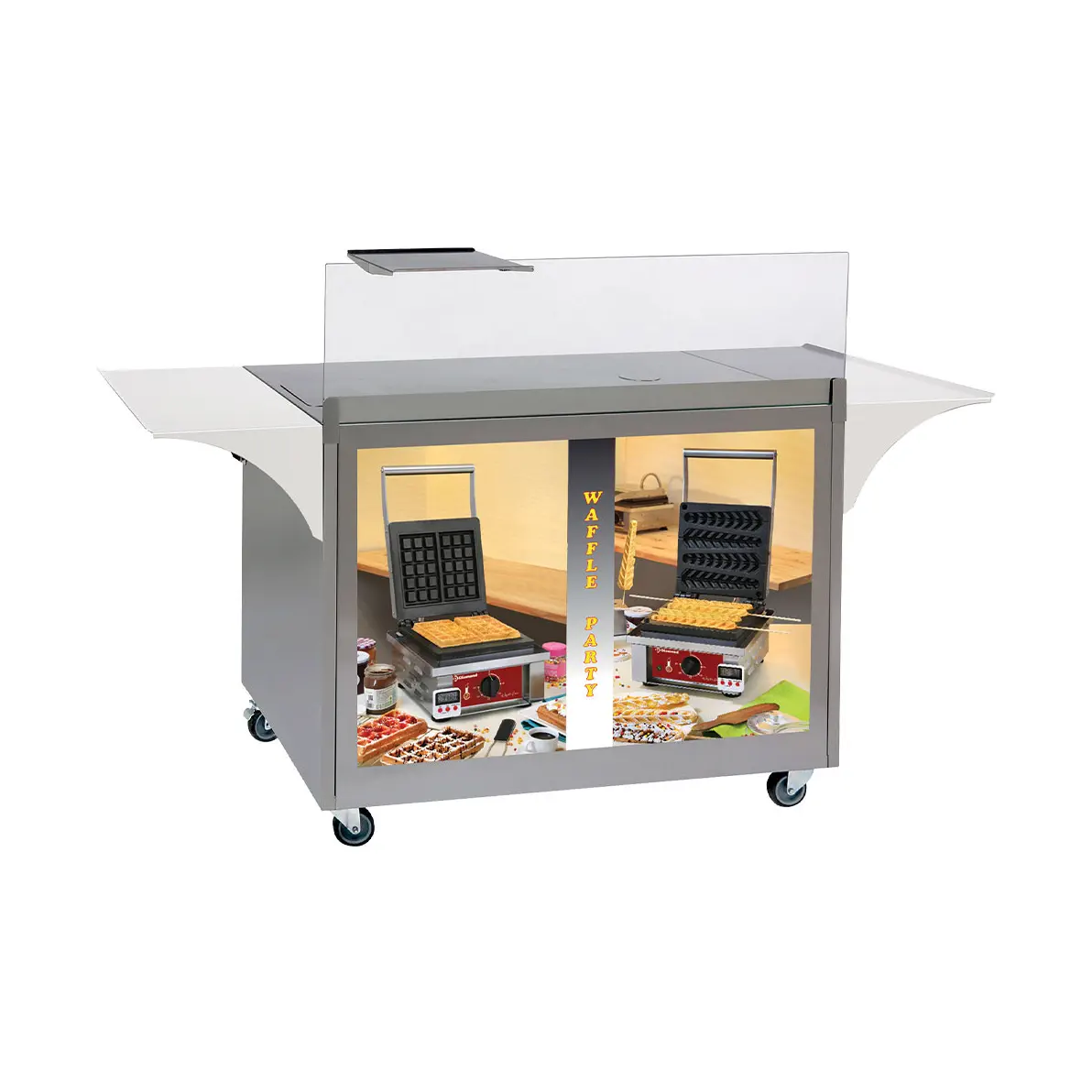 Meuble à gaufres en inox, sur roulettes