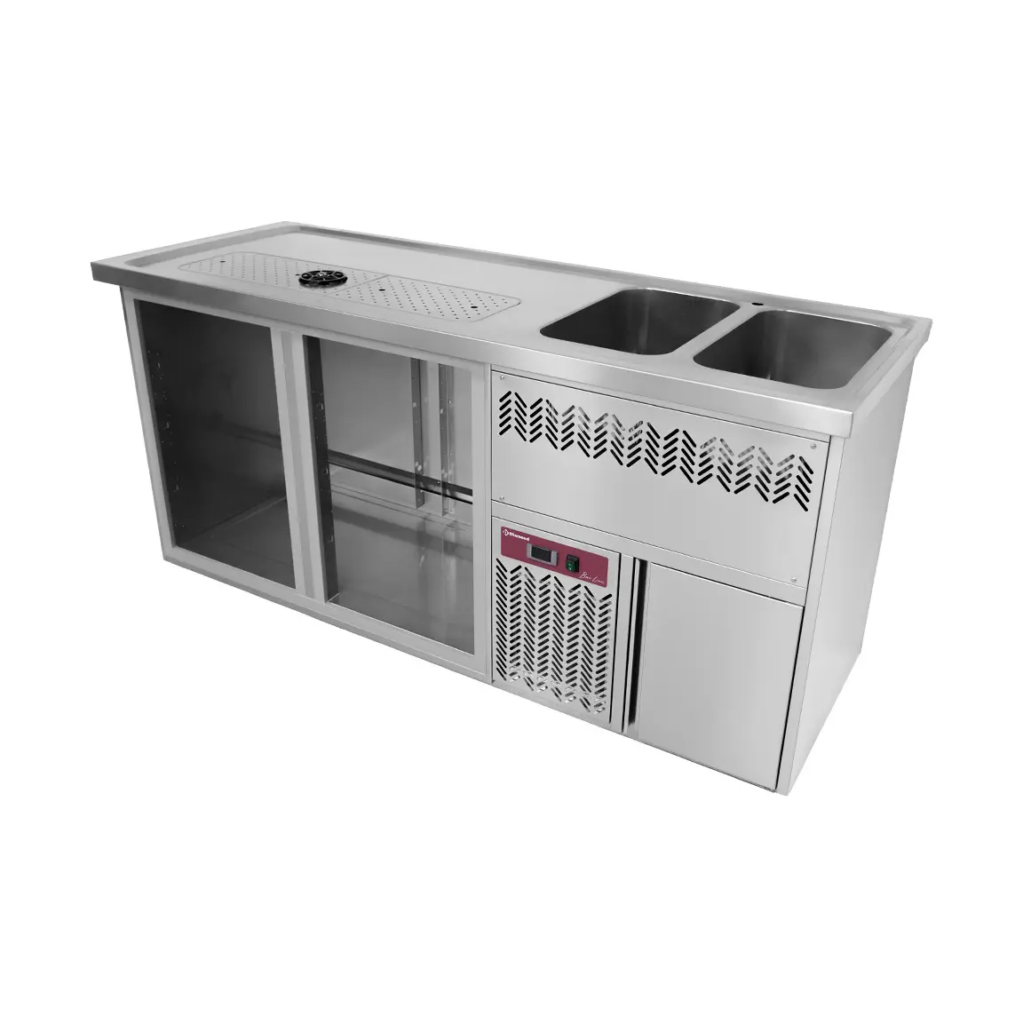 Comptoir bar 2 compartiments, égoutoir+grille, 2 cuves à droite.