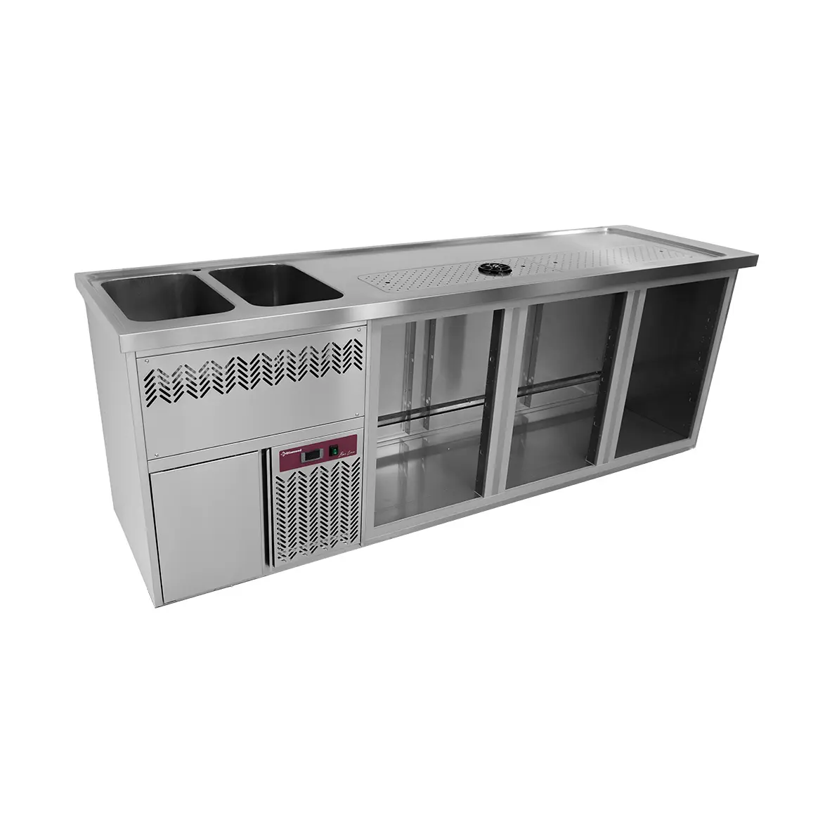 Comptoir bar 3 compartiments, égoutoir+grille, 2 cuves à gauche.