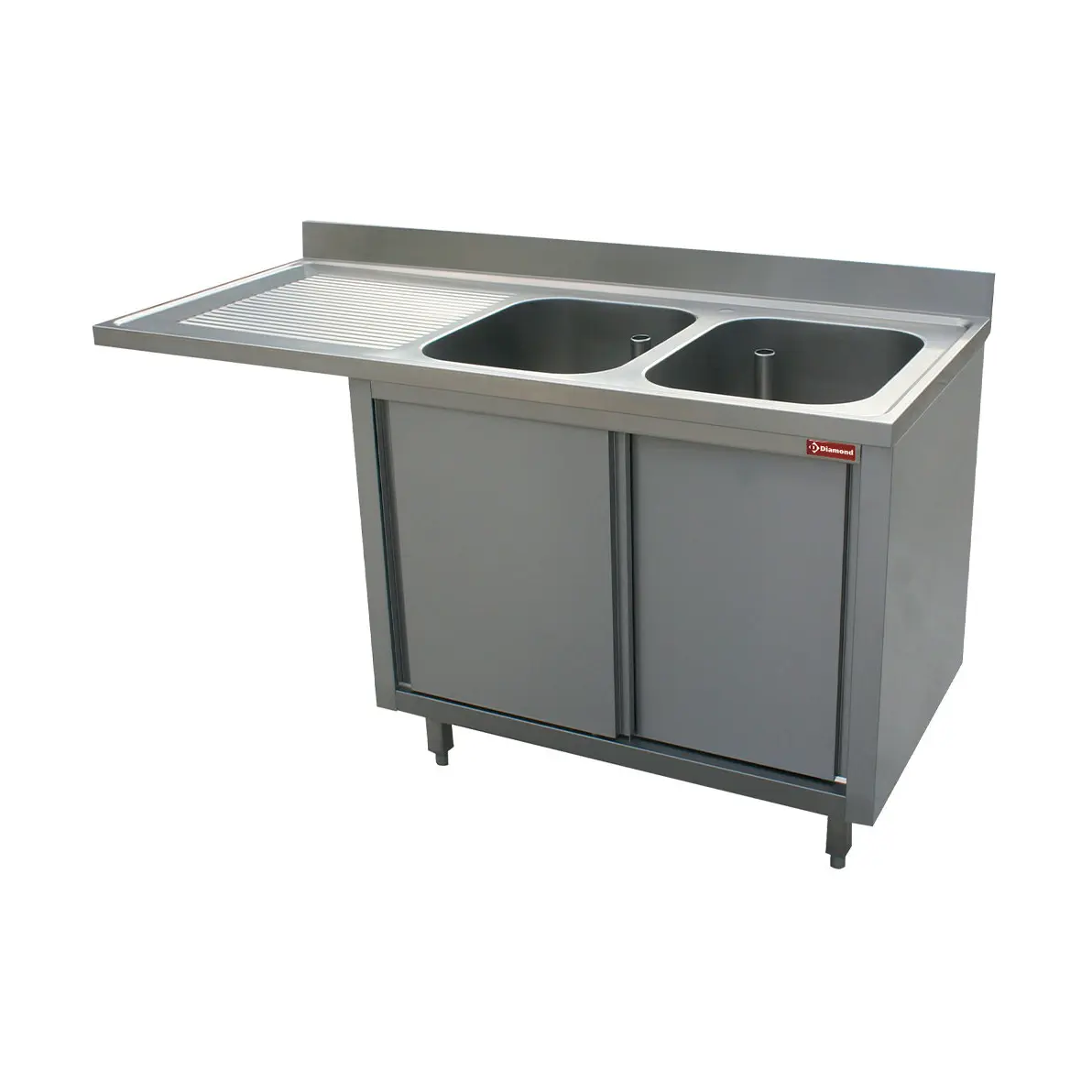 Plonge 2 cuves 400x500x275 égouttoir gauche sur armoire 2 portes coulissantes et espace lave vaisselle - 1600 x 700 mm