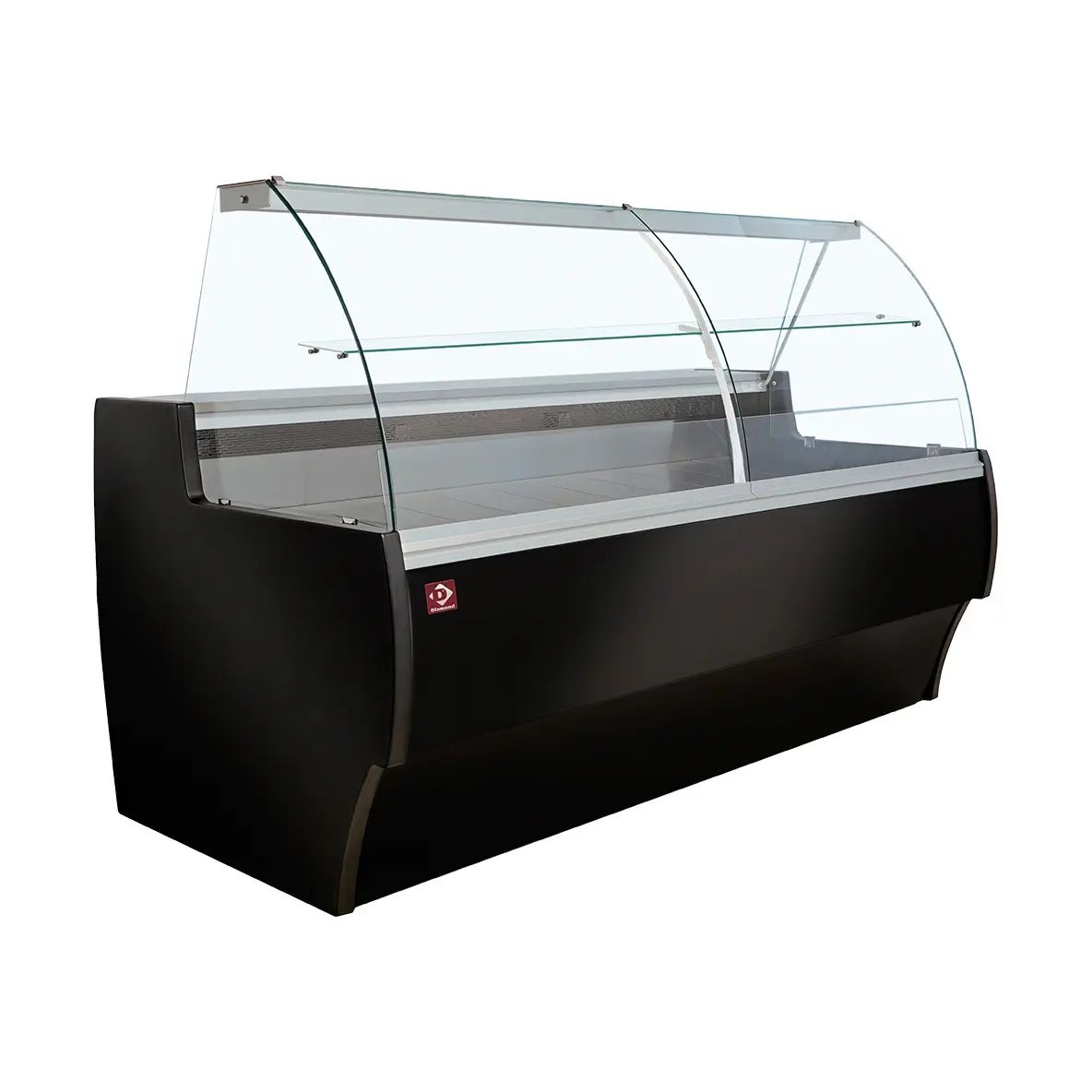 Comptoir vitrine réfrigéré à vitre bombée, ventilé, avec réserve - NOIR - 2500 x 1000 mm