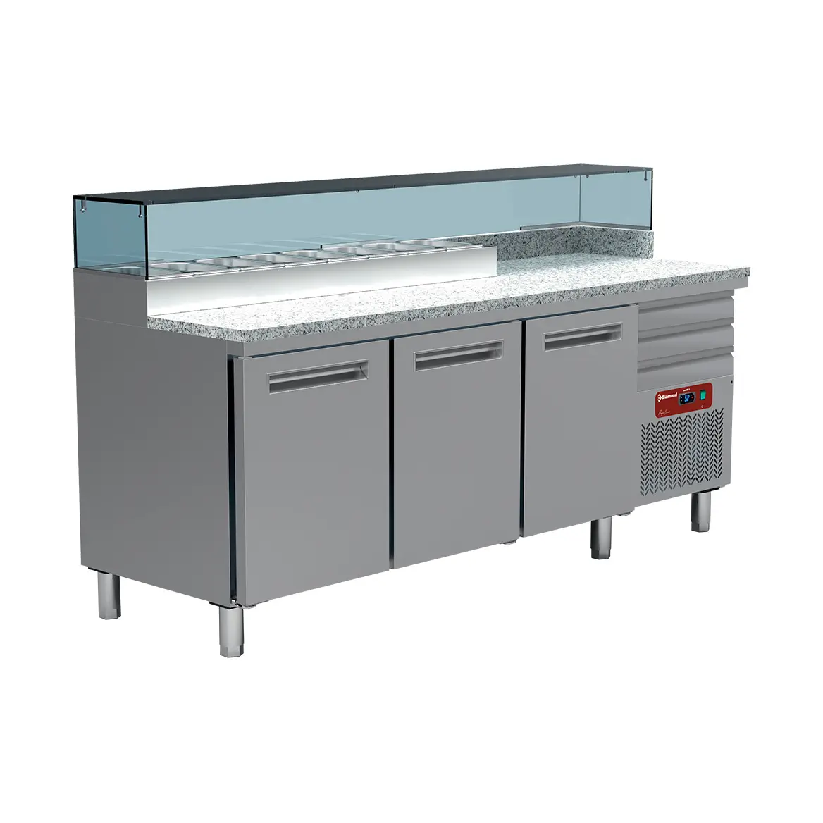 Table frigo pizzeria, 3 portes EN 600x400, 3 tiroirs neutres EN 600x400, structure réfrigérée 8x GN 1/4