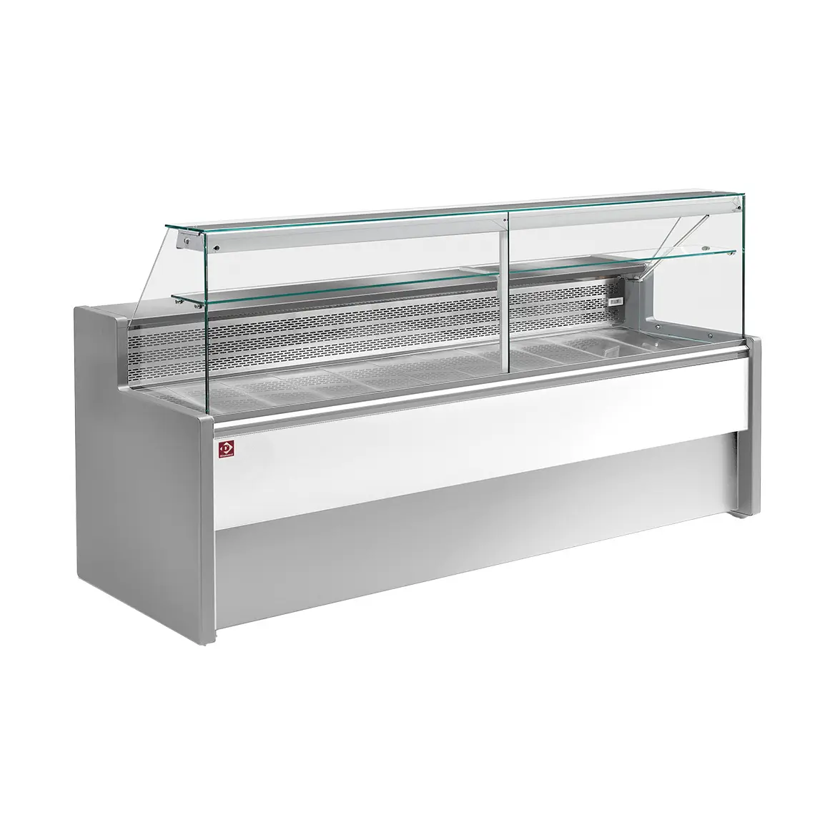Comptoir vitrine réfrigéré à vitre droite 90°, avec réserve - GRIS/BLANC - 1500 x 800 mm