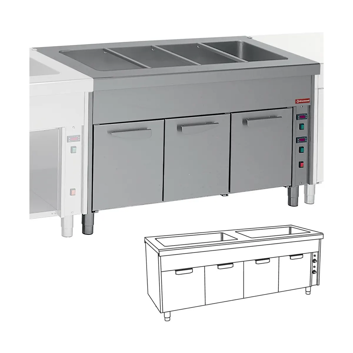 Elément bain-marie sur armoire chauffante 2x 3 GN 1/1