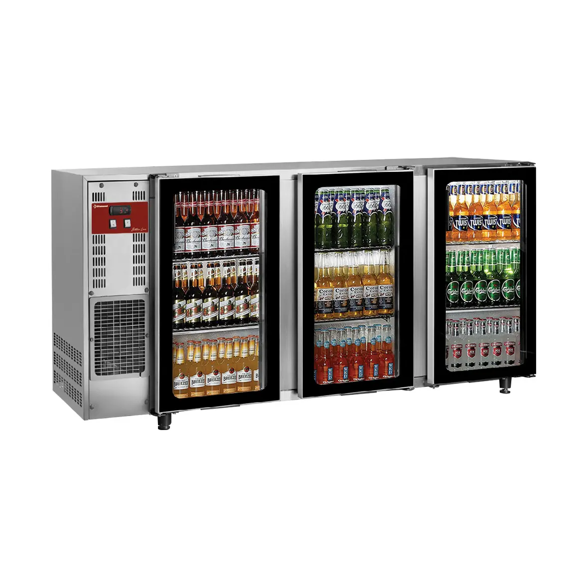 Arrière de bar, acier inox, 3 portes vitrées, 579 Lt.