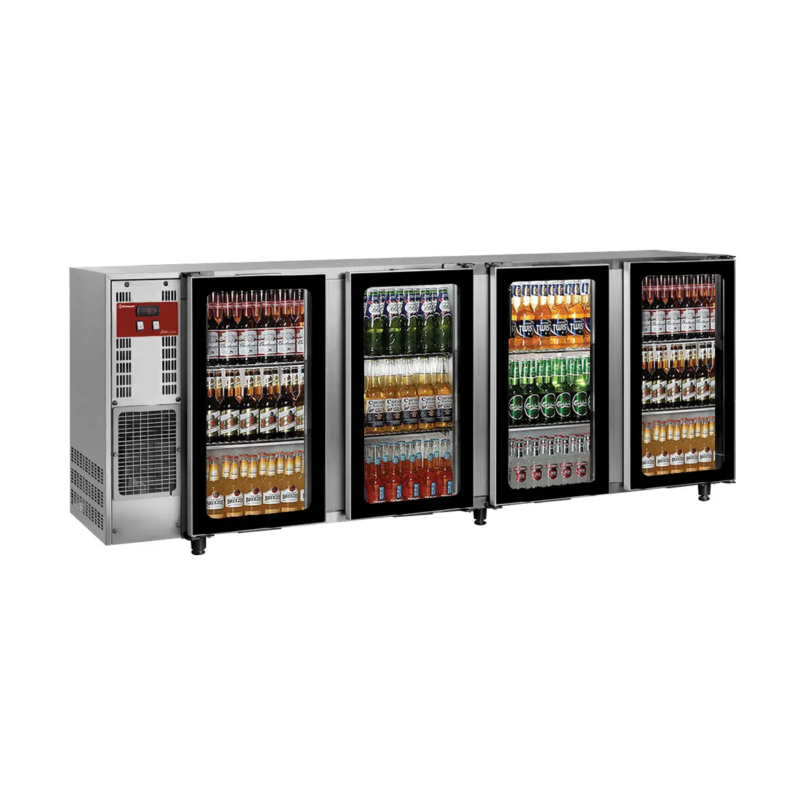 Arrière de bar, acier inox, 4 portes vitrées, 783 Lt.