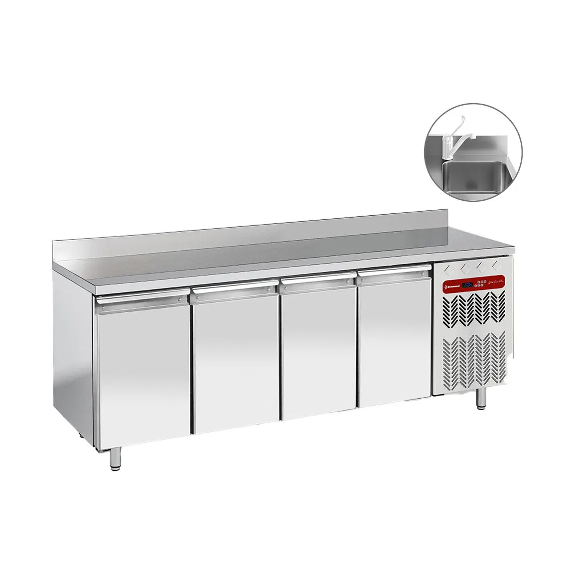 Table frigorifique "murale", ventilée, 4 portes GN 1/1, avec évier