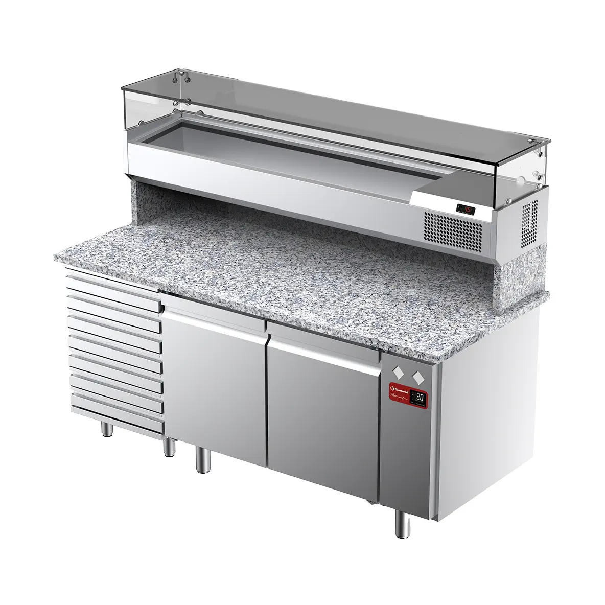 Table frigorifique, ventilée, pour pizza 2 portes et 7 tiroirs avec  vitrine refrigérée 1800x380x410 et plan de travail en granit