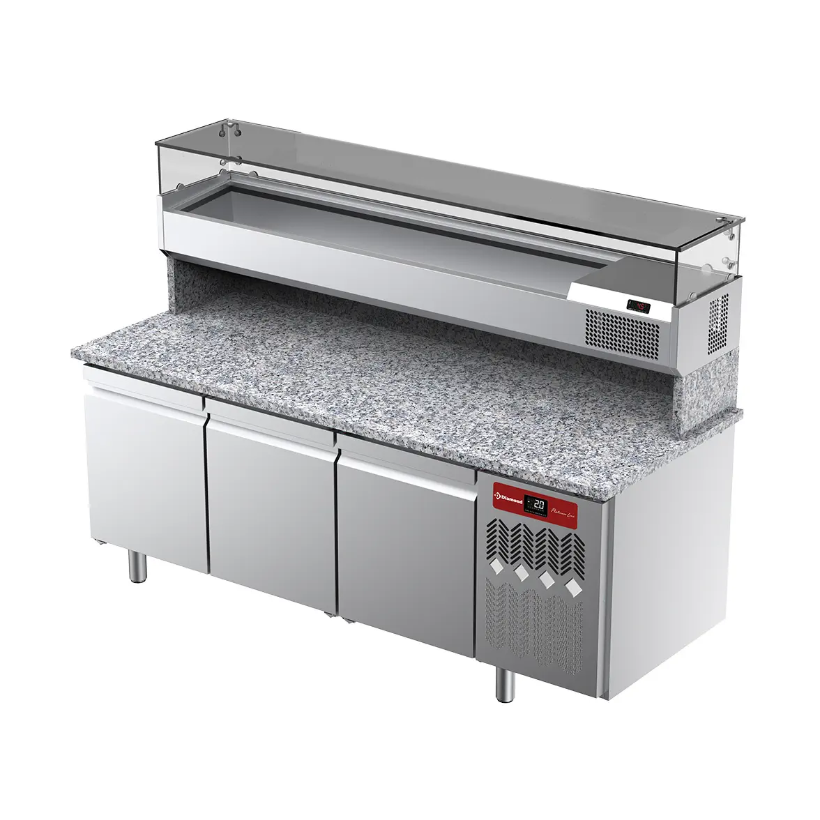 Table frigorifique, ventilée, pour pizza 3 portes avec  vitrine refrigérée 2000x380x410 et plan de travail en granit