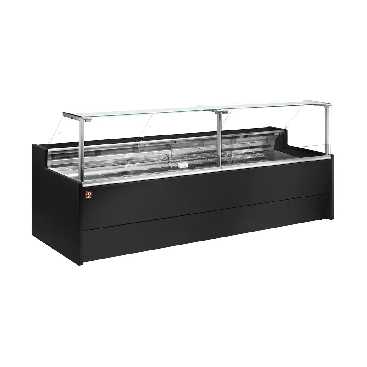 Comptoir vitrine réfrigéré à vitre droite 90° sur pistons, ventilé, avec réserve - NOIR - 3000 x 1085 mm