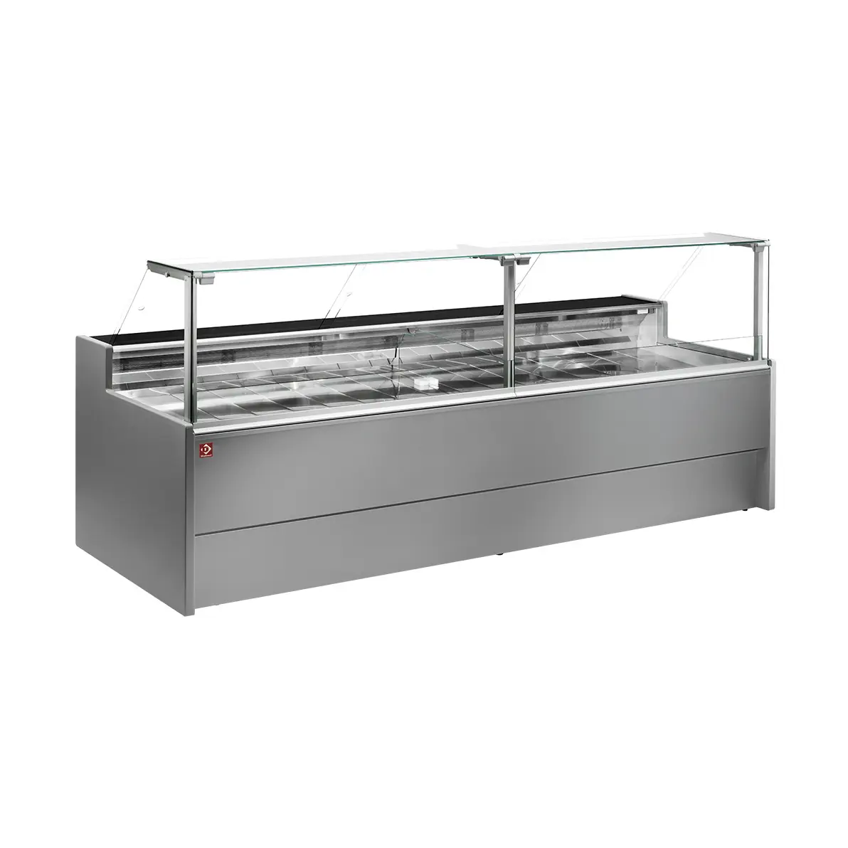 Comptoir vitrine réfrigéré à vitre droite 90° sur pistons, ventilé, avec réserve - GRIS - 3000 x 1085 mm