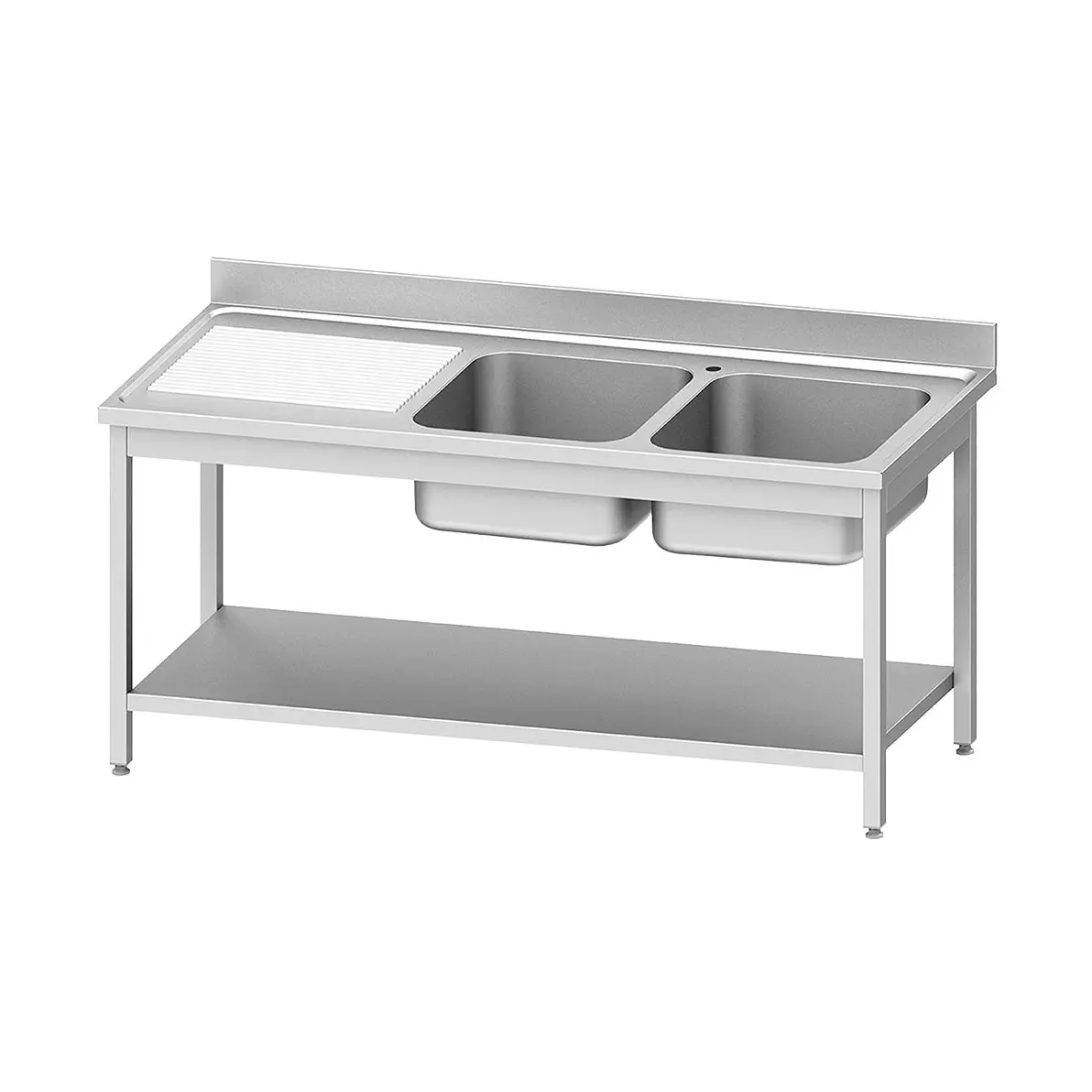 Plonge inox ECO 2 cuves égouttoir gauche, avec tablette inférieure - 1600 x 700 mm