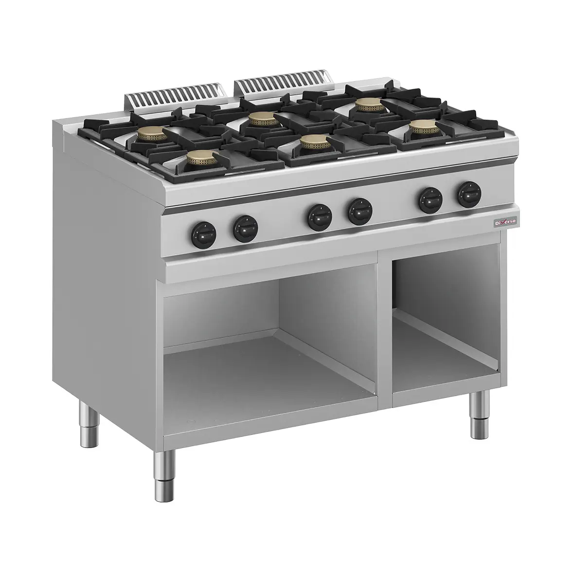 Fourneau gaz 6 feux vifs, sur armoire ouverte