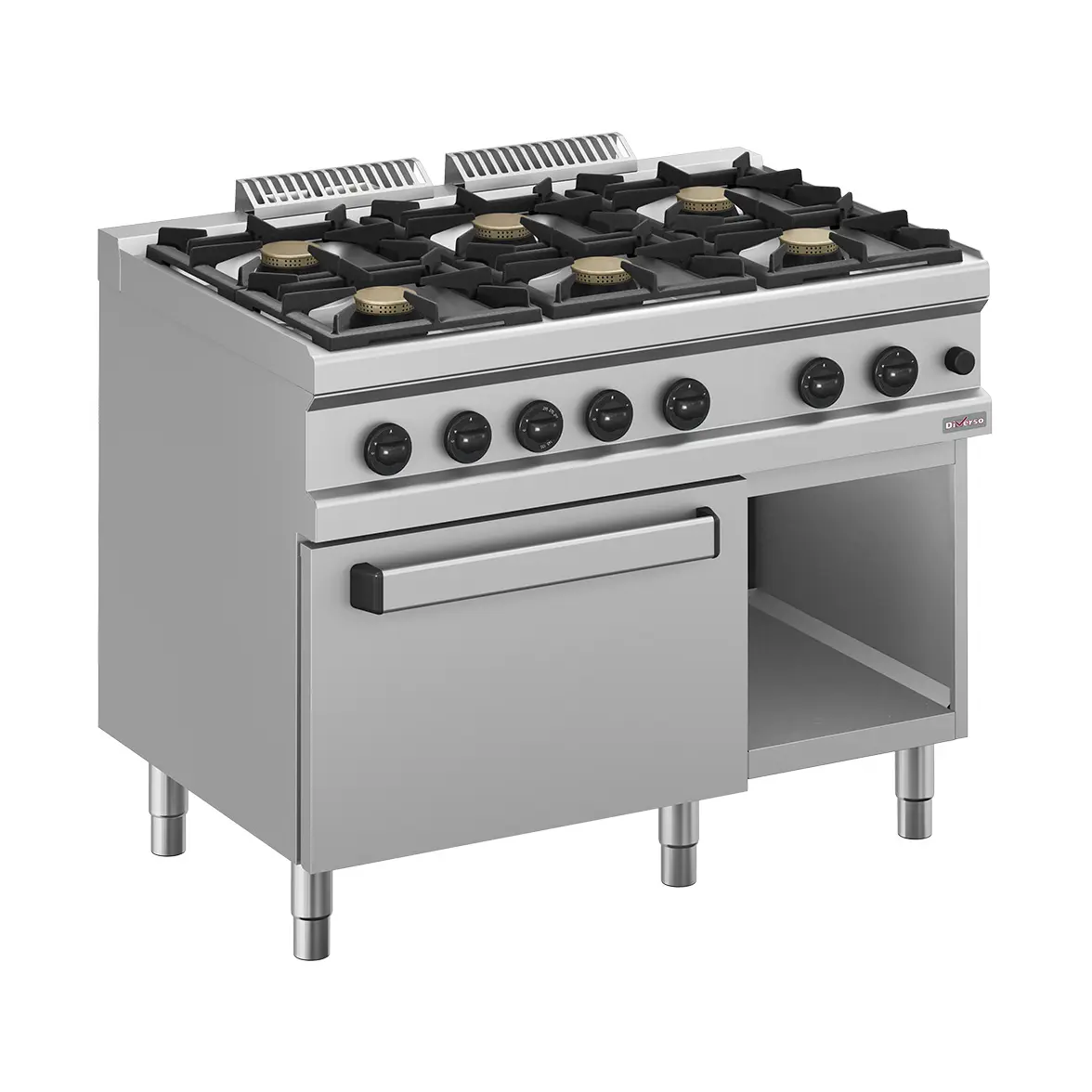 Fourneau gaz 6 feux vifs, sur four gaz GN 2/1 et armoire