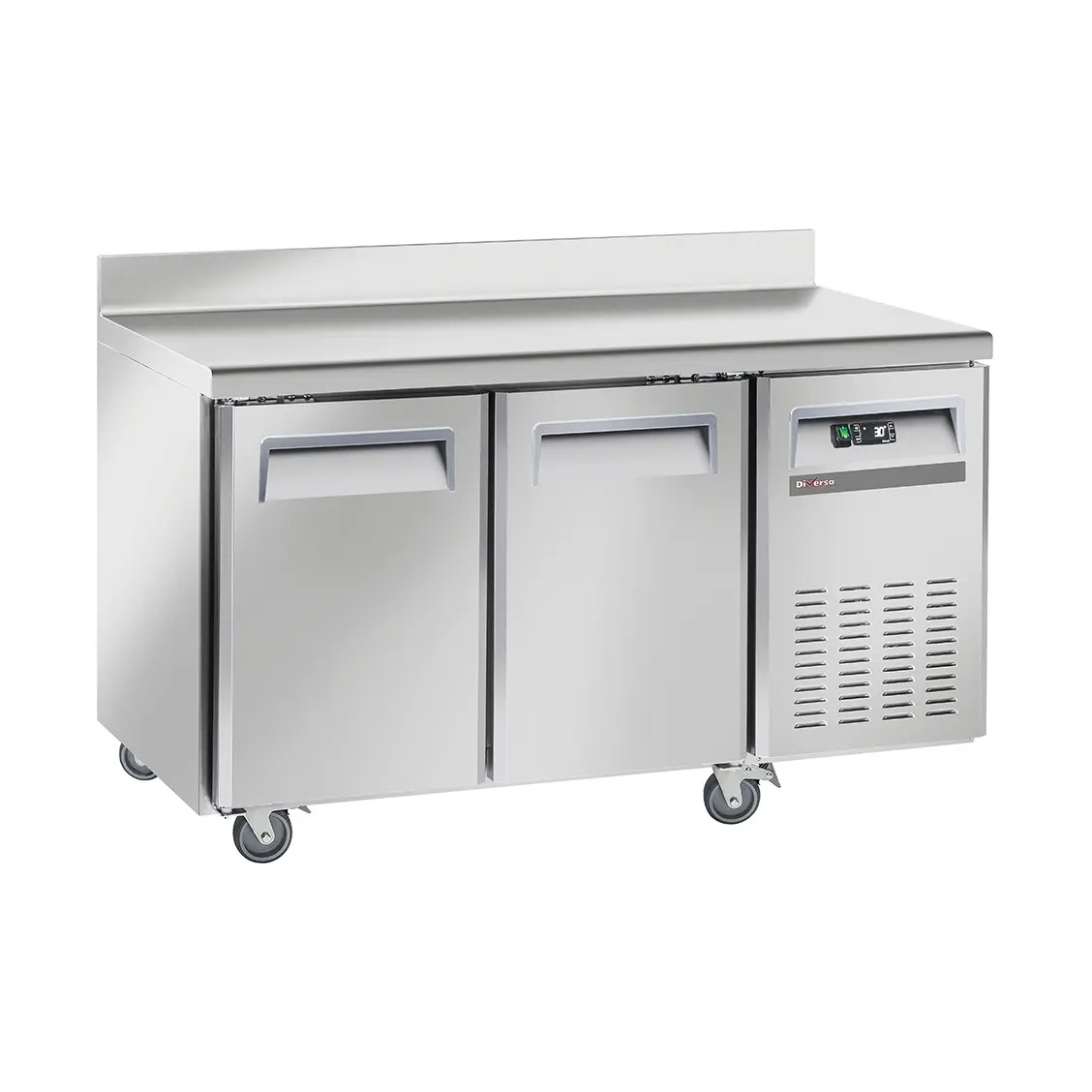 Table frigorifique, ventilé, 2 portes GN1/1, avec dosseret, sur roues, 2 avec freins