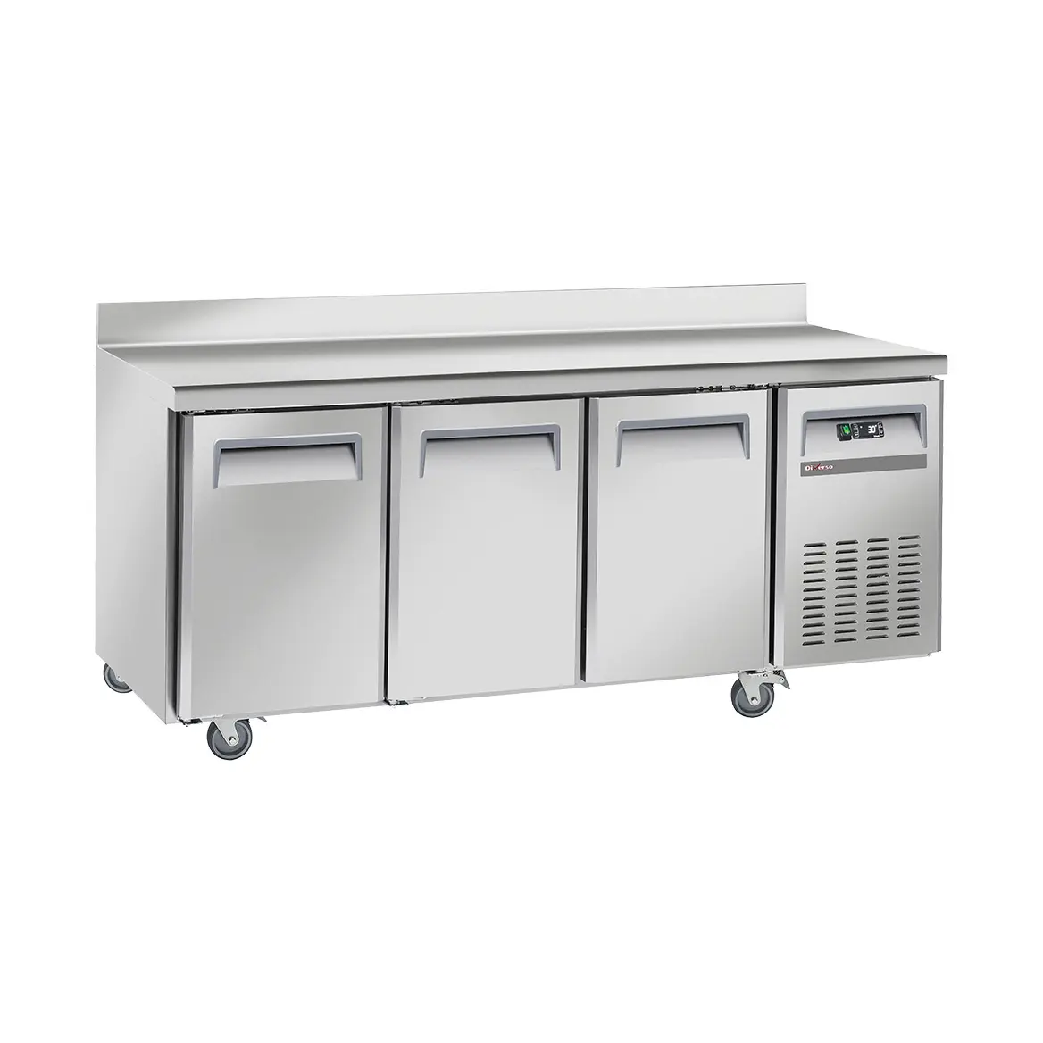 Table frigorifique, ventilé, 3 portes GN 1/1, avec dosseret, sur roues, 2 avec freins