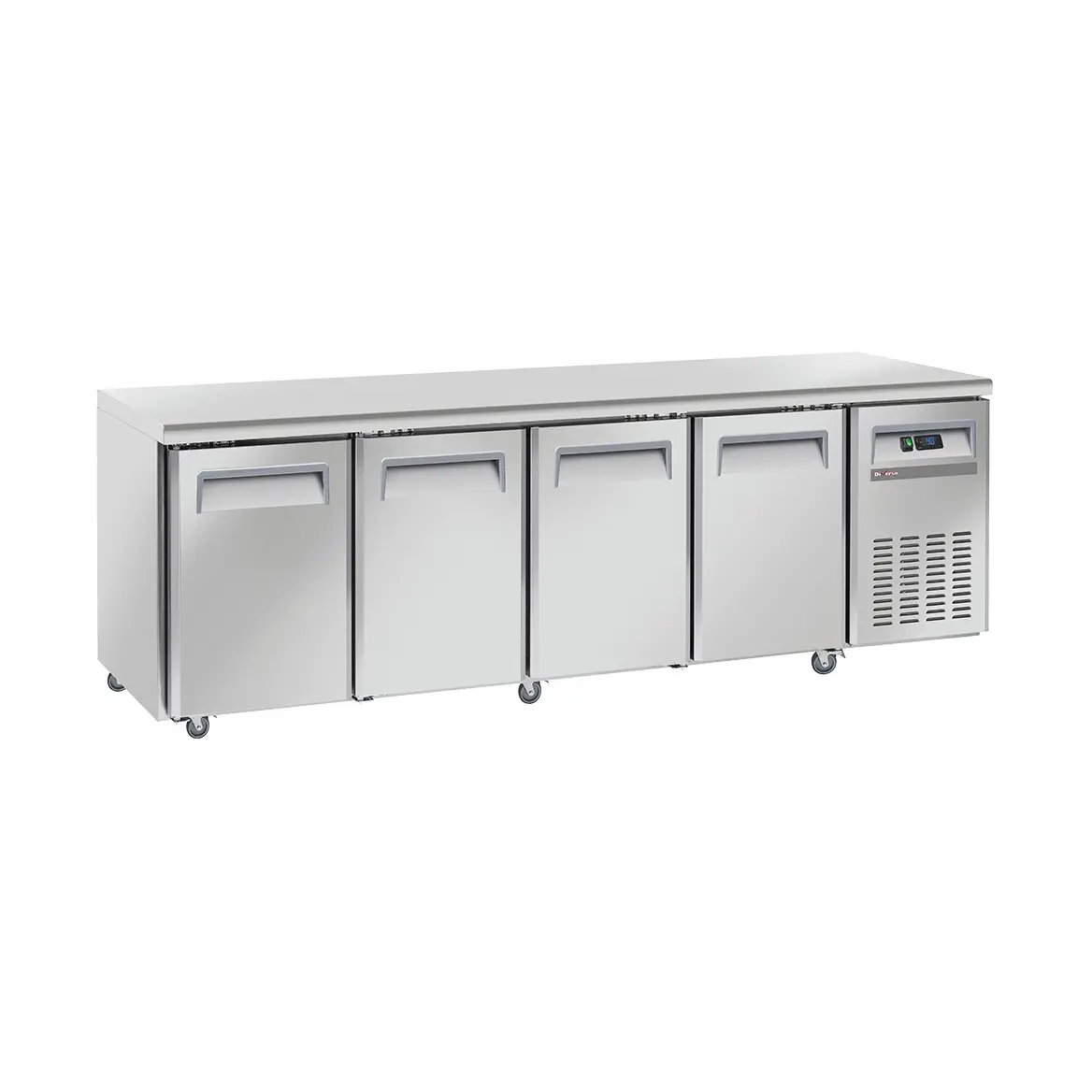 Table frigorifique, ventilé, 4 portes GN 1/1, sur roues, 2 avec freins