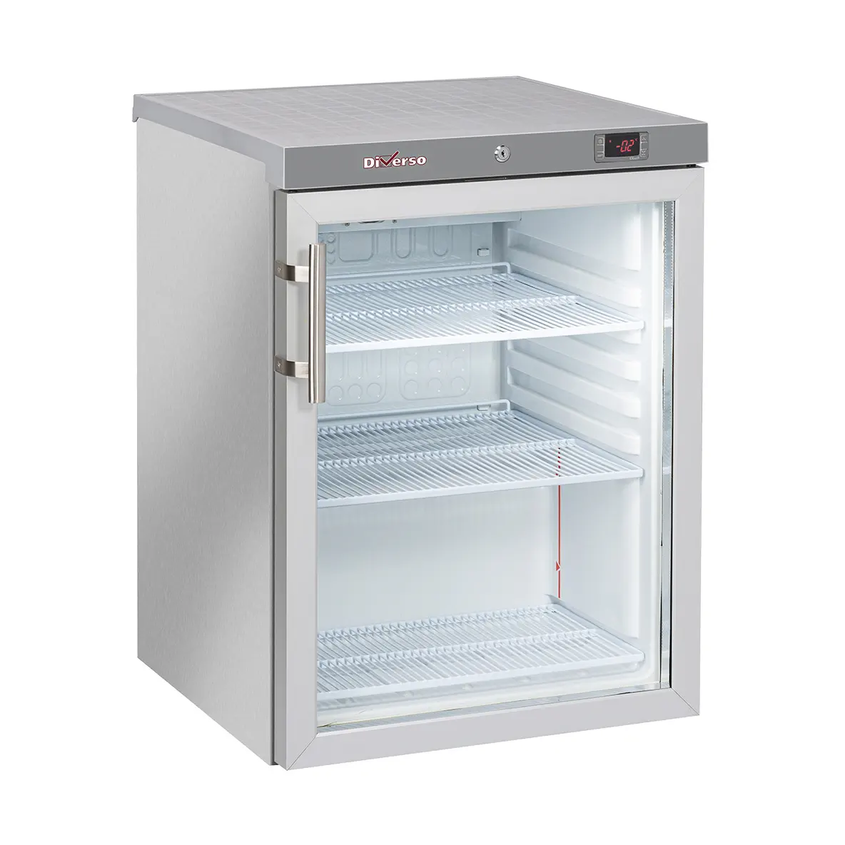 Frigo ventilé, porte vitrée, 200 Lit. acier inox
