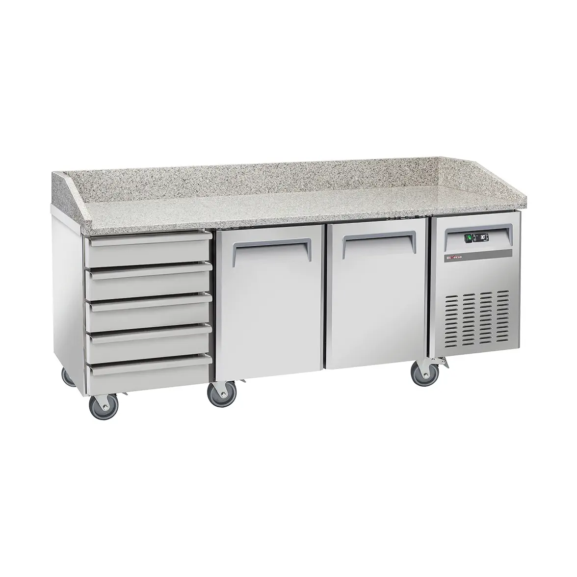 Table frigo pizzeria, 2 portes EN 600x400, 5 tiroirs neutres EN 600x400, sur roues, 2 avec freins
