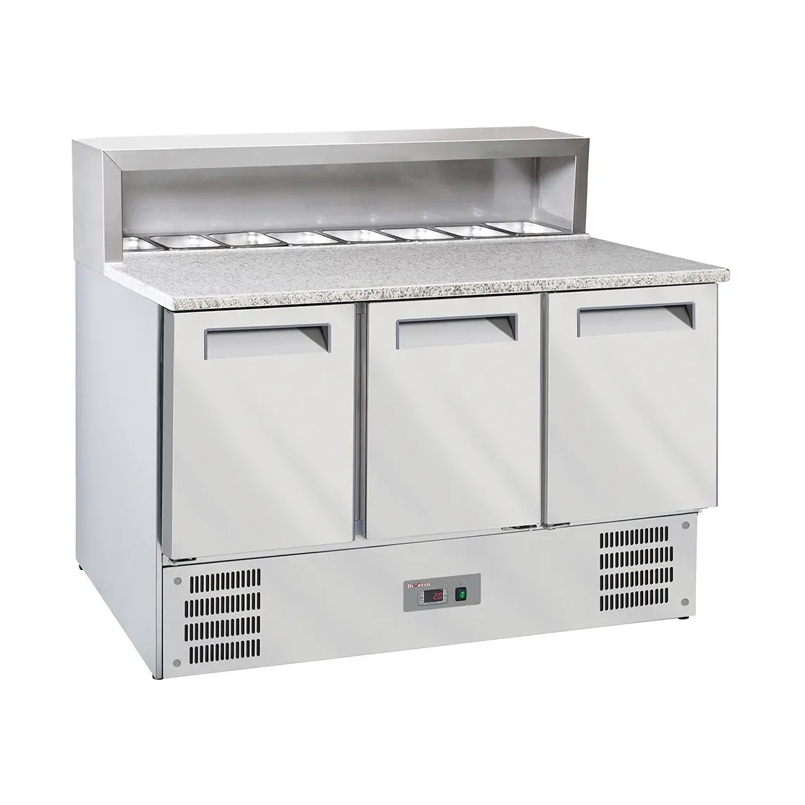 Table pizzas frigorifique 3 portes GN1/1, structure réfrigérée 8x GN1/6-150 mm