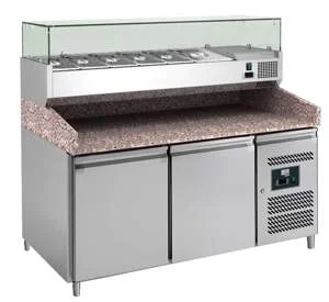 Meuble à pizza 2 portes 600x400mm avec dessus granit et vitrine réfrigérée ingrédients 5GN1/3+1GN1/2