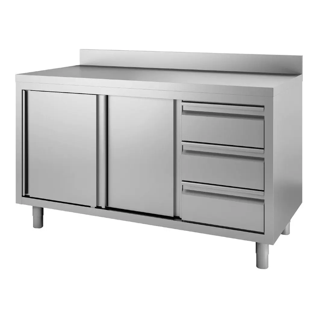 Table armoire inox avec dosseret 3 tiroirs à droite et portes coulissantes Gastro M 850/900x1000x700mm