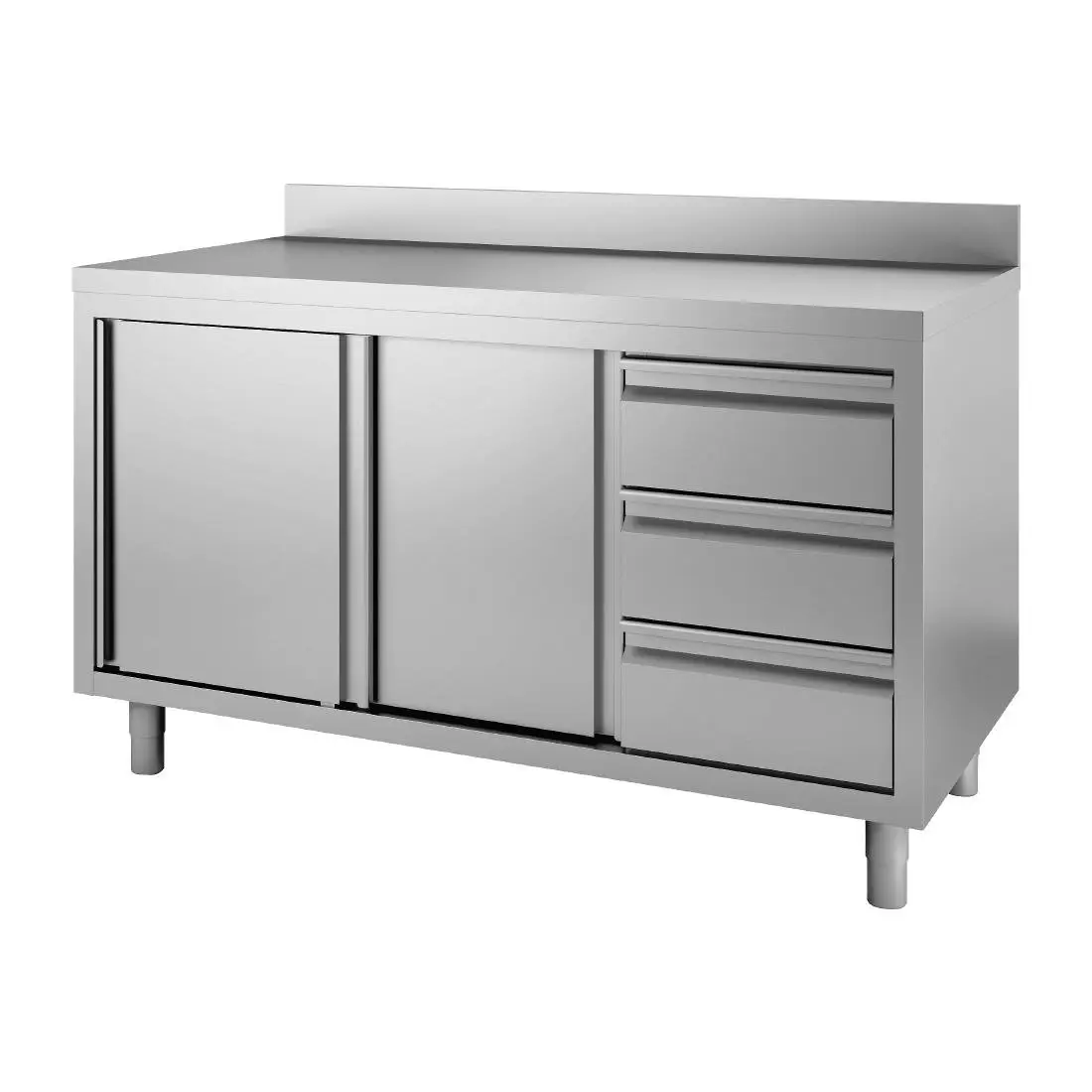 Table armoire inox avec dosseret 3 tiroirs à droite et portes coulissantes Gastro M 850/900x1200x700mm