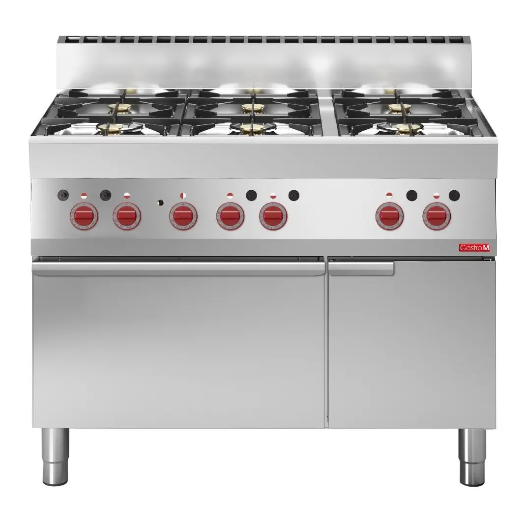 Fourneau 6 feux sur four électrique à convection avec placard ouvert Gastro M 65/110CFGE